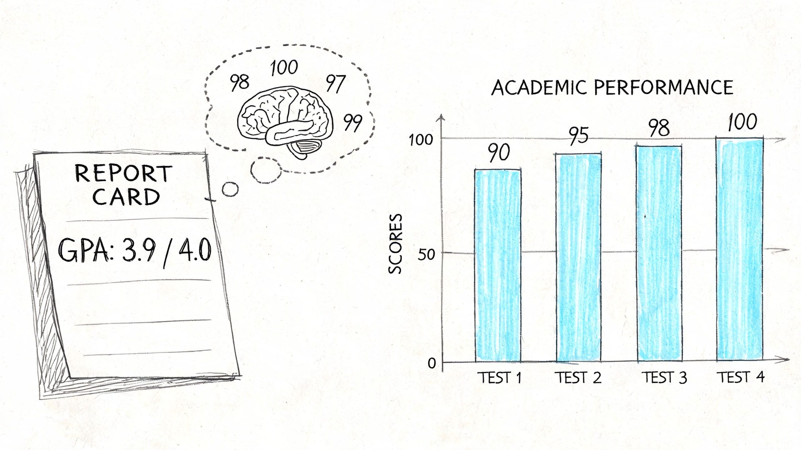 A hand-drawn illustration showing a report card with a 3.9 GPA alongside a bar chart displaying increasing test scores.