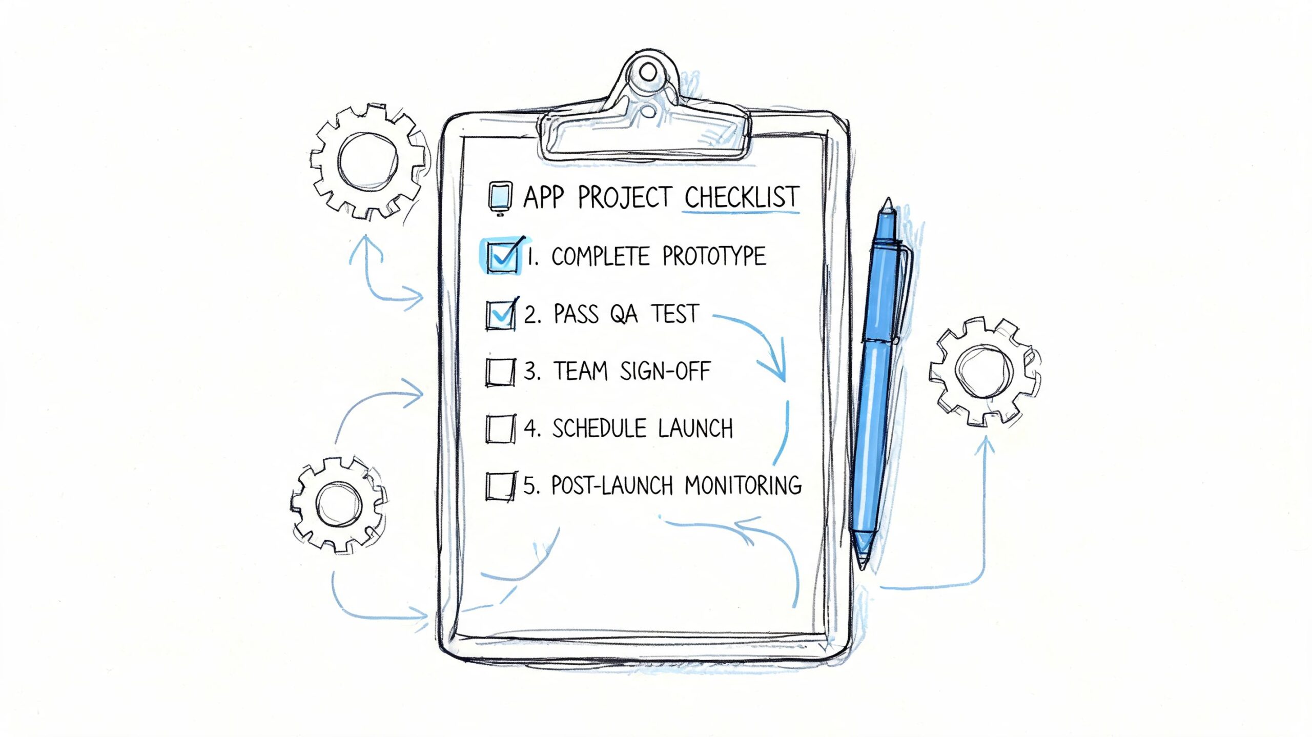 A hand-drawn clipboard listing five stages of an app project checklist with checkmarks on completed tasks.
