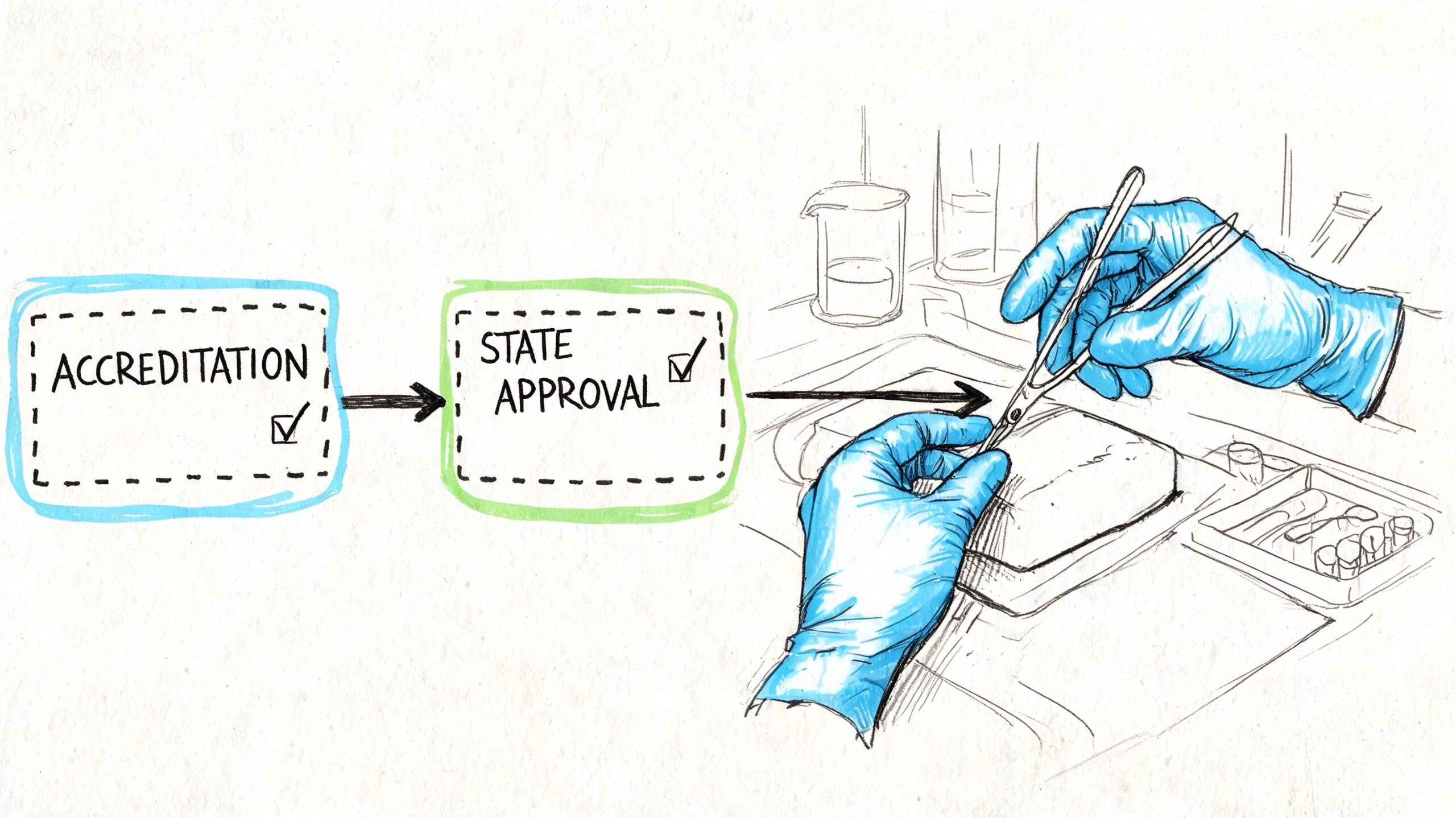 A hand-drawn illustration showing the progression from accreditation and state approval to hands performing a medical procedure.