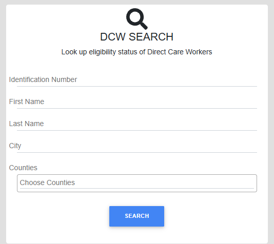 The DCW SEARCH panel on the Iowa Health Facilities Database homepage, subtitled Look up eligibility status of Direct Care Workers, with input fields for Identification Number, First Name, Last Name and City, a Counties selector, and a SEARCH button.